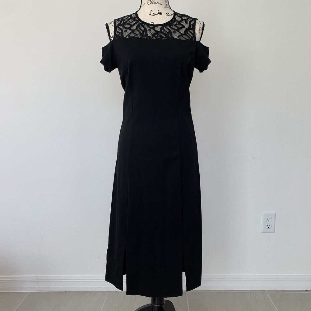 Midi Length Black Dress With Lace And Cold Shoulder Size 6/8